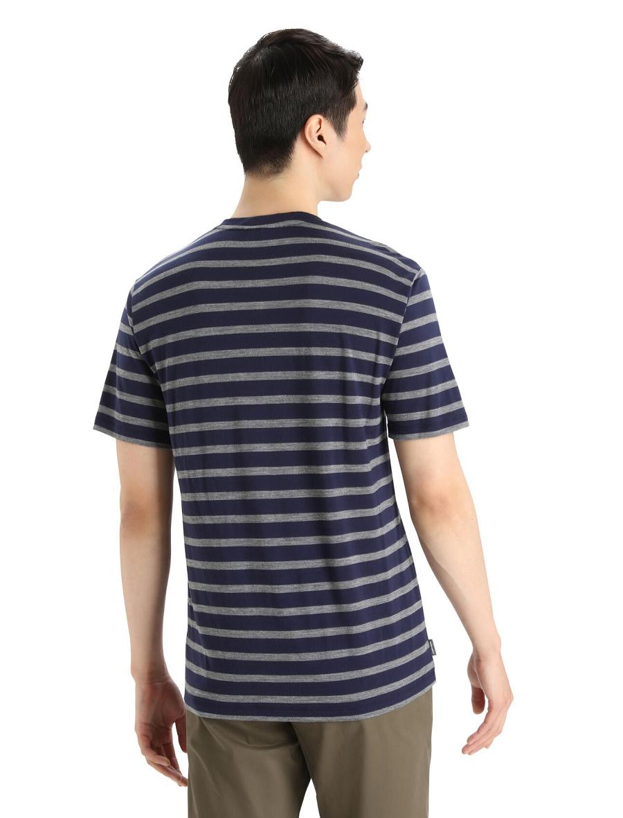 Midnight Navy / Gritstone Heather Icebreaker Merino Drayden Short Sleeve Stripe Men's T Shirts | AU 1184WNBY